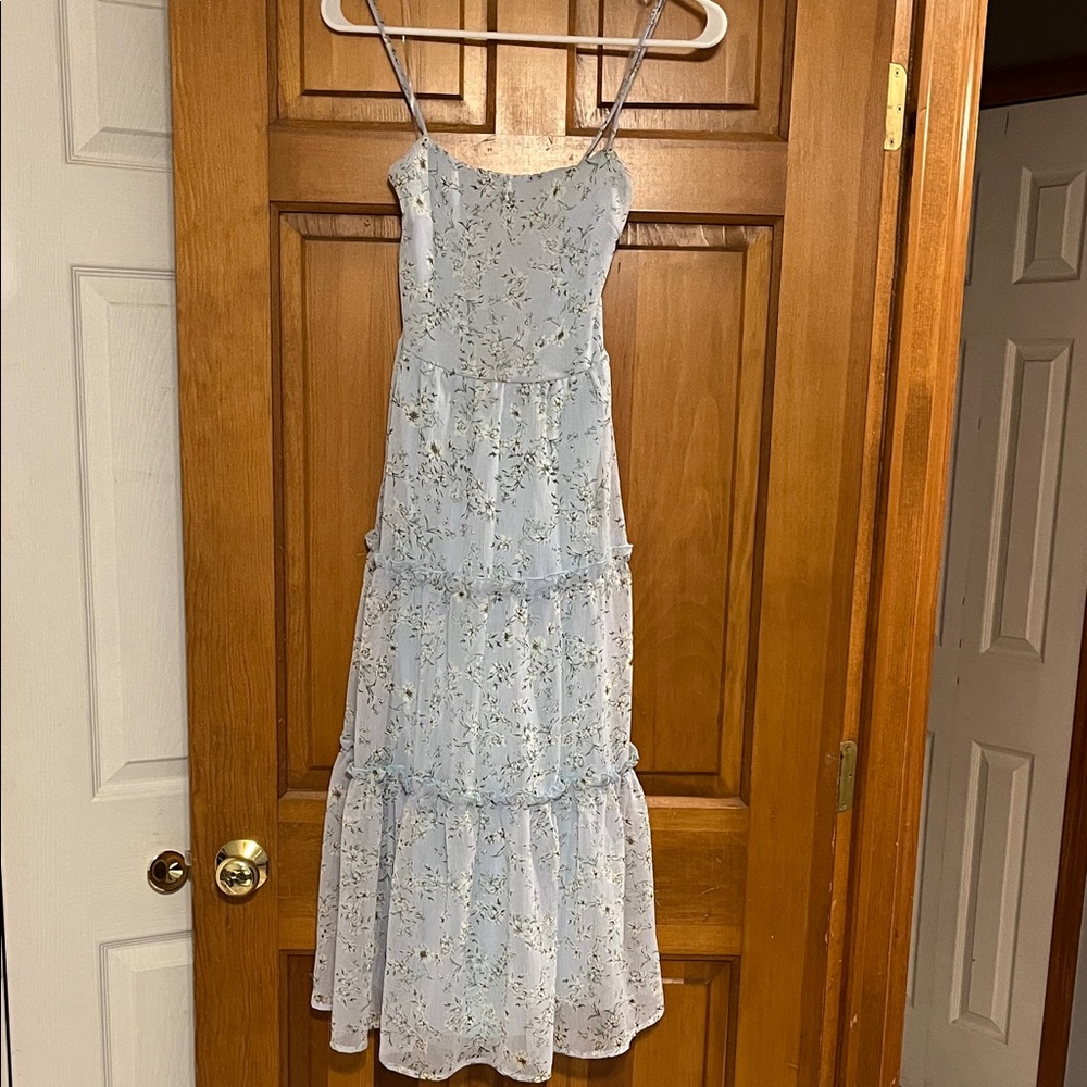 Light Blue Floral Tiered Midi Dress